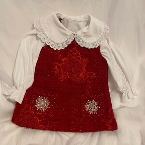 Girls Elegant Red Tweed Dress with White Blouse | Holiday Outfit